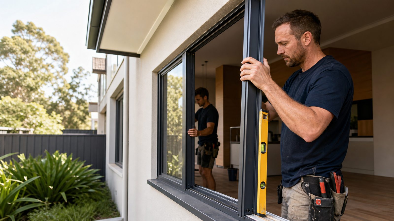 Illustrative installer checking a dark-framed window from outside a house
